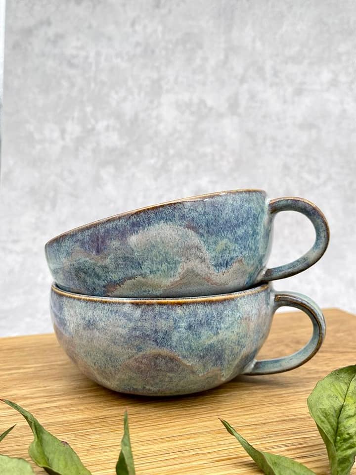 AMACO Blue Rutile, Chun Plum, Textured Turquoise and Toasted Sage combo mugs by Elena Frommhold