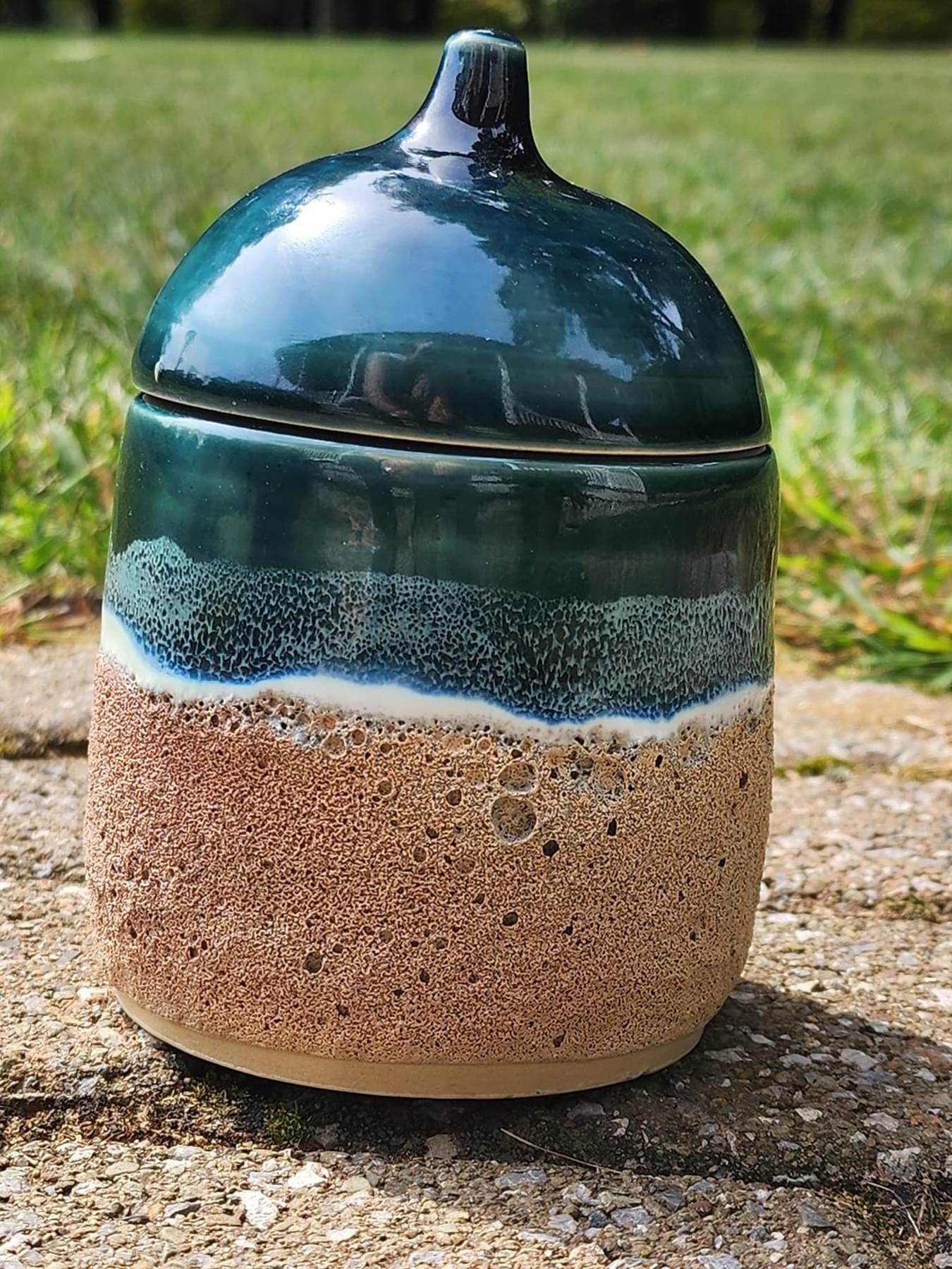 Lidded stoneware jar with shoreline glaze combo