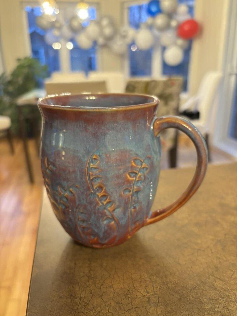 Arctic Blue over Chun Plum on white stoneware mug by Lilimaude Boulais